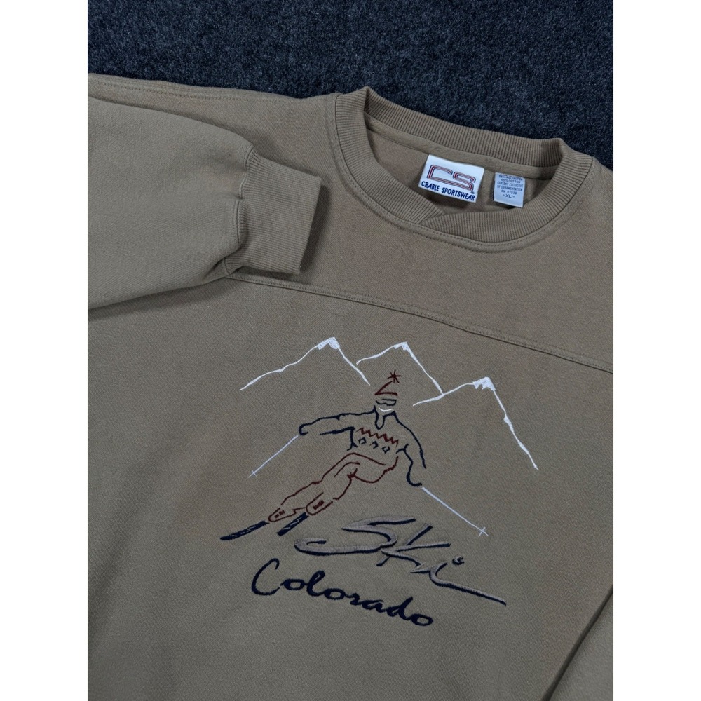 Vintage Colorado Ski Crewneck Sweatshirt XL Tan Embroidered Winter Graphic